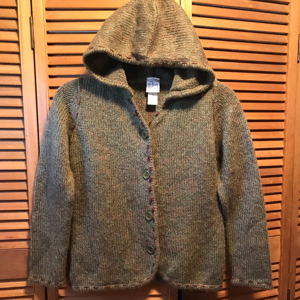 Green & Tan Tweed Wool Hooded Sweater